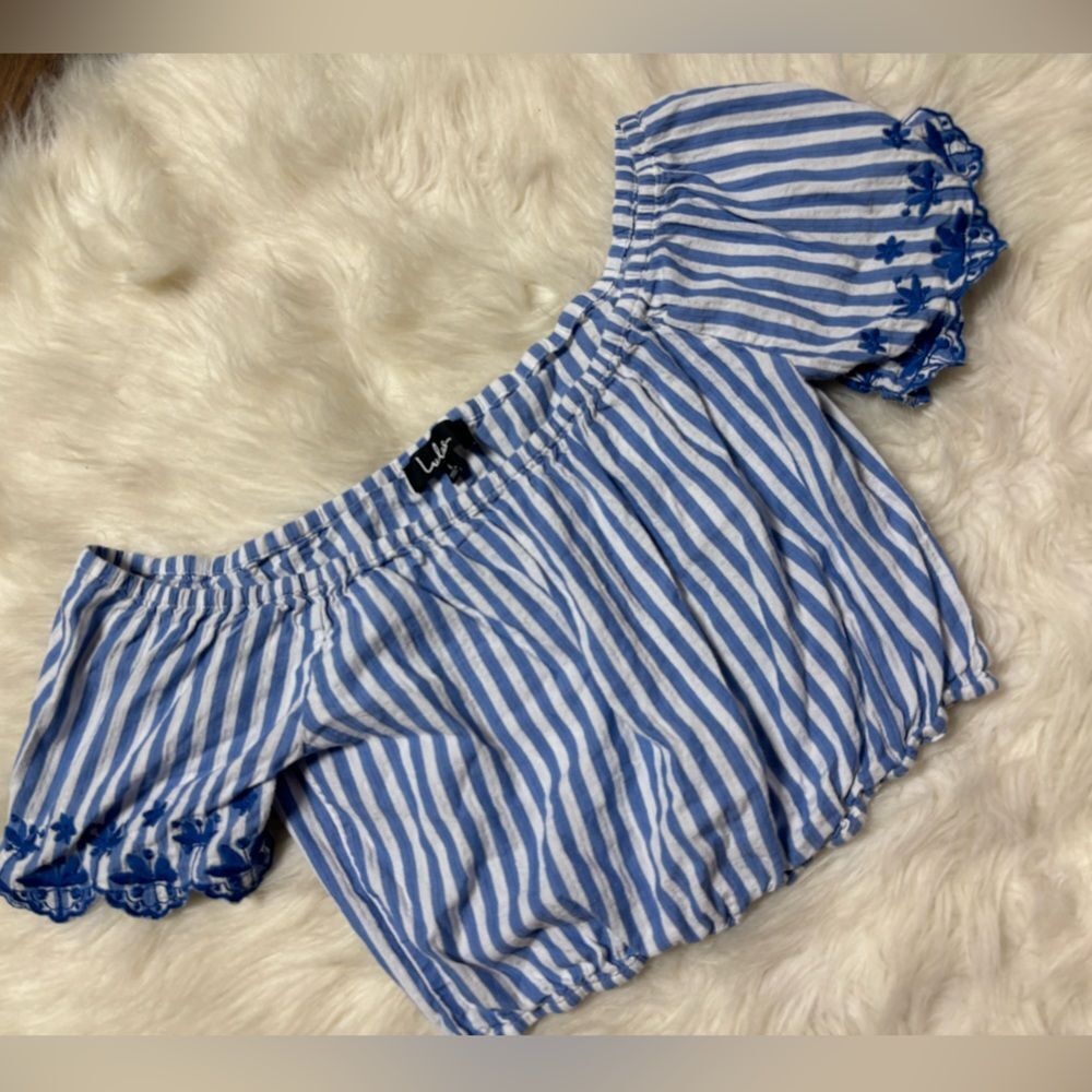 Lulu’s Striped cropped top in blue & white with Floral Embroidered Sleeves Large